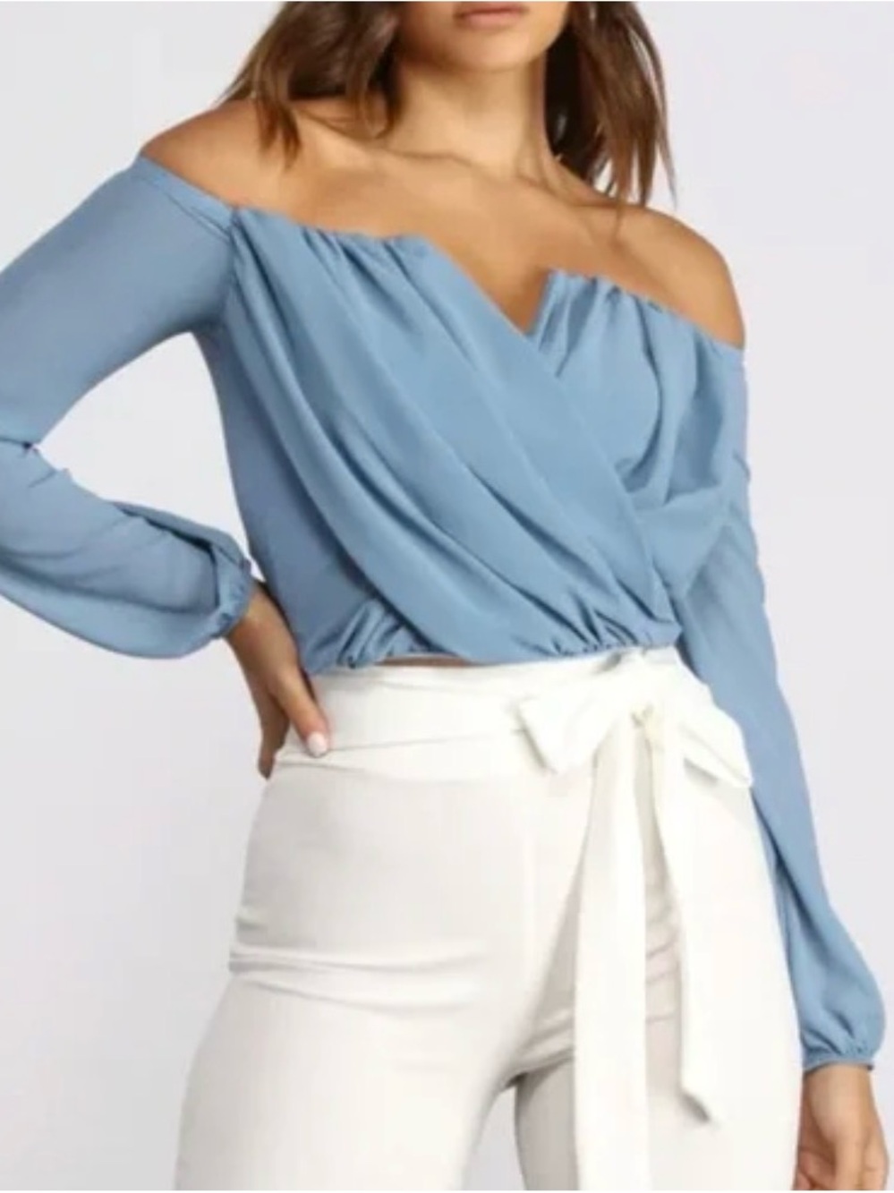 Windsor Light Blue Pleated Off-Shoulder Long Sleeve Top Size M